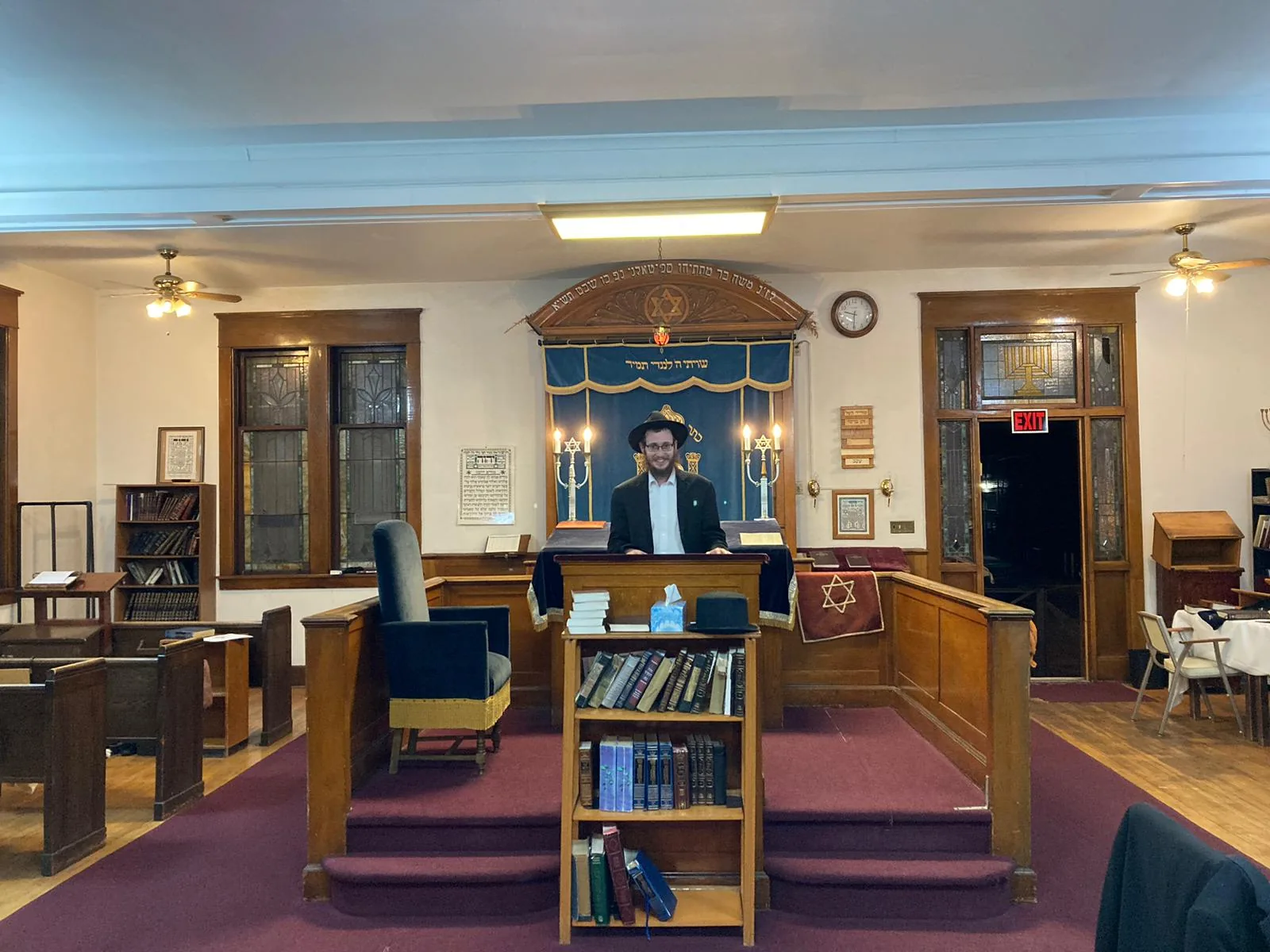 The sanctuary at Saranac Synagogue, with the bima and aron kodesh